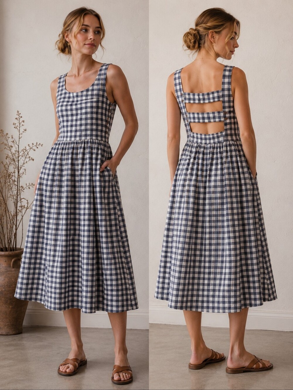 Liz Alig Blue & White Gingham Linen Blend Midi Dress Open Back Side Button Small